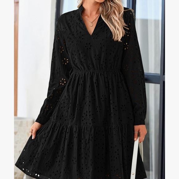 ☀️Black Eyelet hollow out Long Sleeve Dress - Picture 3 of 8